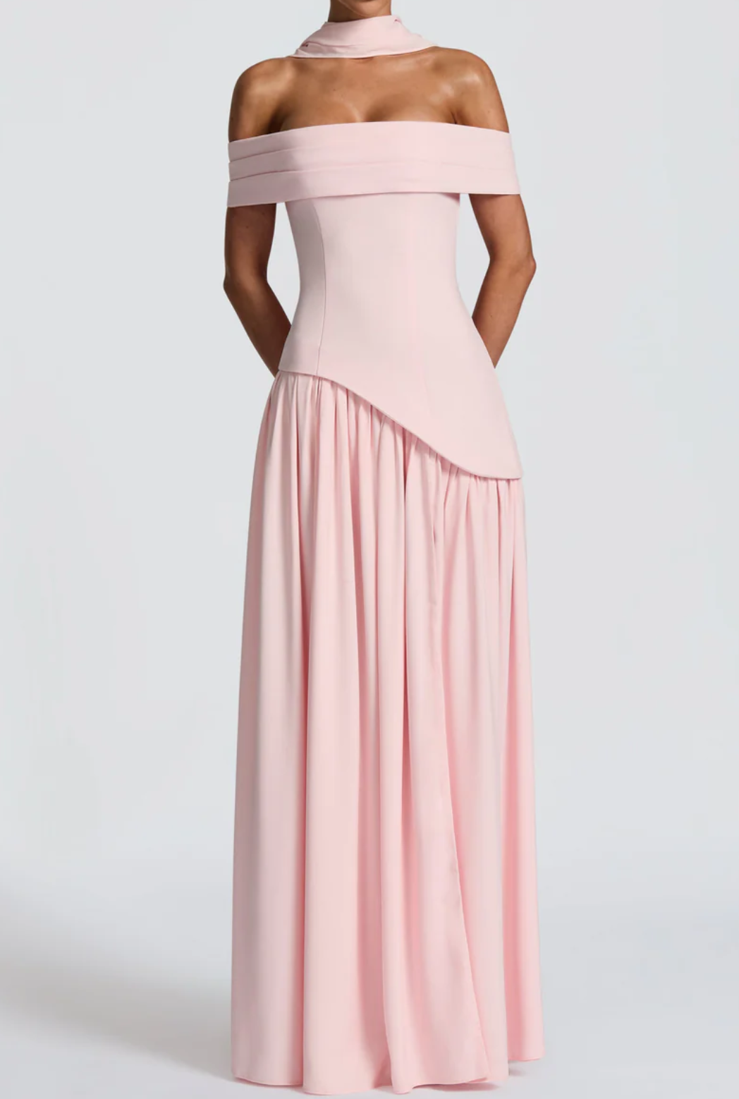 Pink/Red/Black Off-the-Shoulder Halter Neck Maxi Dress - Elegant Formal Evening Gown with Asymmetric Waist