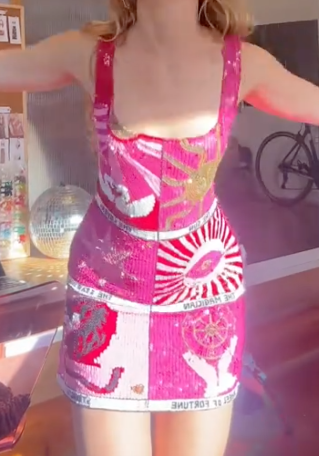 Pink Patchwork Sequin Mini Dress with Tarot Sun Eye Star Embroidery & Text Strap