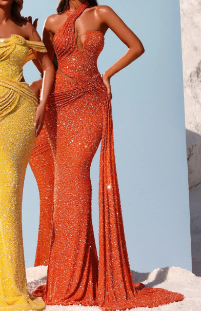 Sparkly Orange Asymmetric Neck Ruched Sequin Gown with Train
