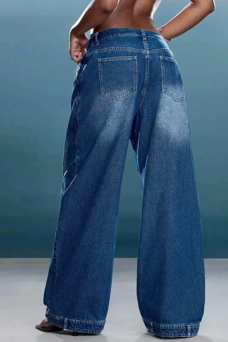 Women High Waist Wrap Over Denim Pants Relaxed Barrel Leg Cuffed Hem Jeans