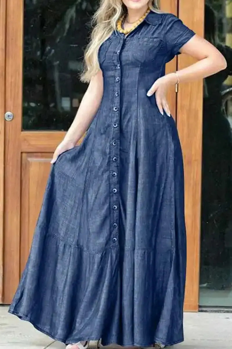 Women Shirt Collar Pocket Flared Casual Denim Dress