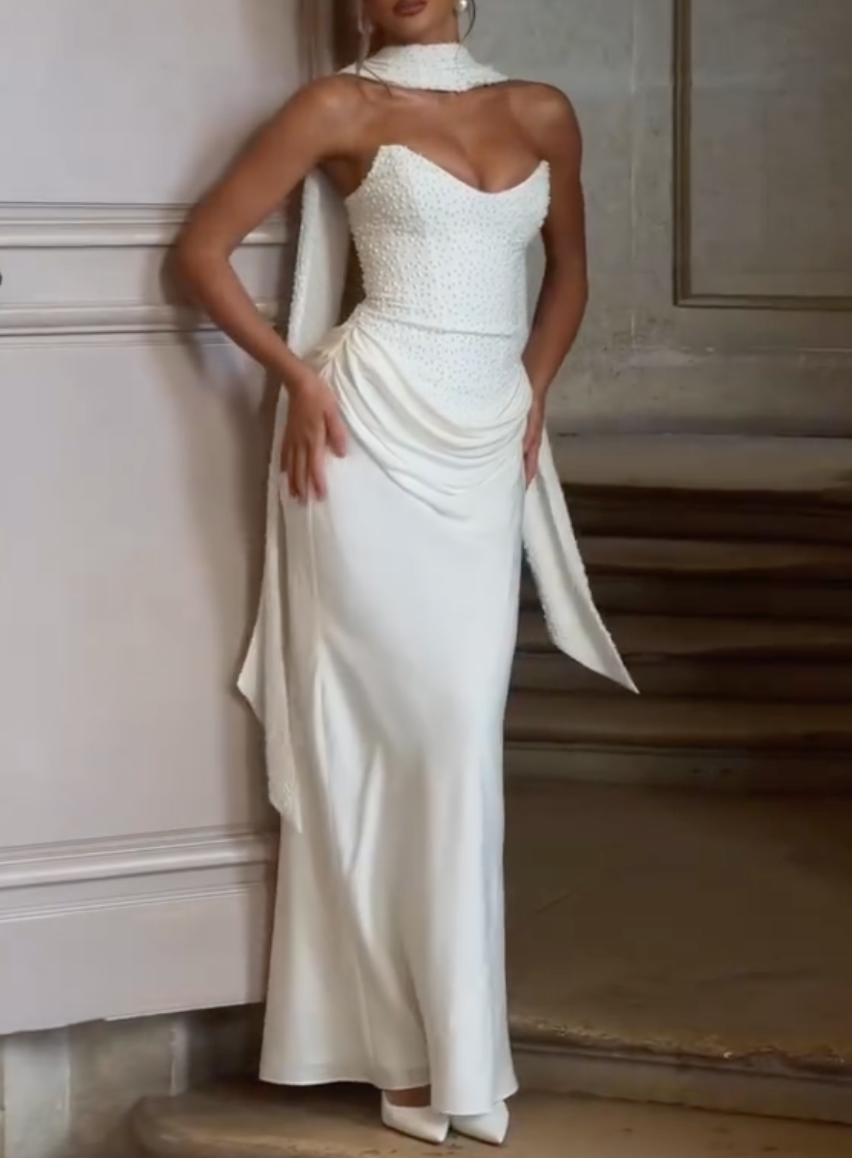 White Strapless Pearl Beaded Corset Draped Satin Mermaid Maxi Wedding Dress With Matching Beaded Scarf
