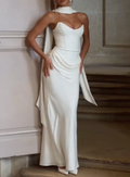 White Strapless Pearl Beaded Corset Draped Satin Mermaid Maxi Wedding Dress With Matching Beaded Scarf