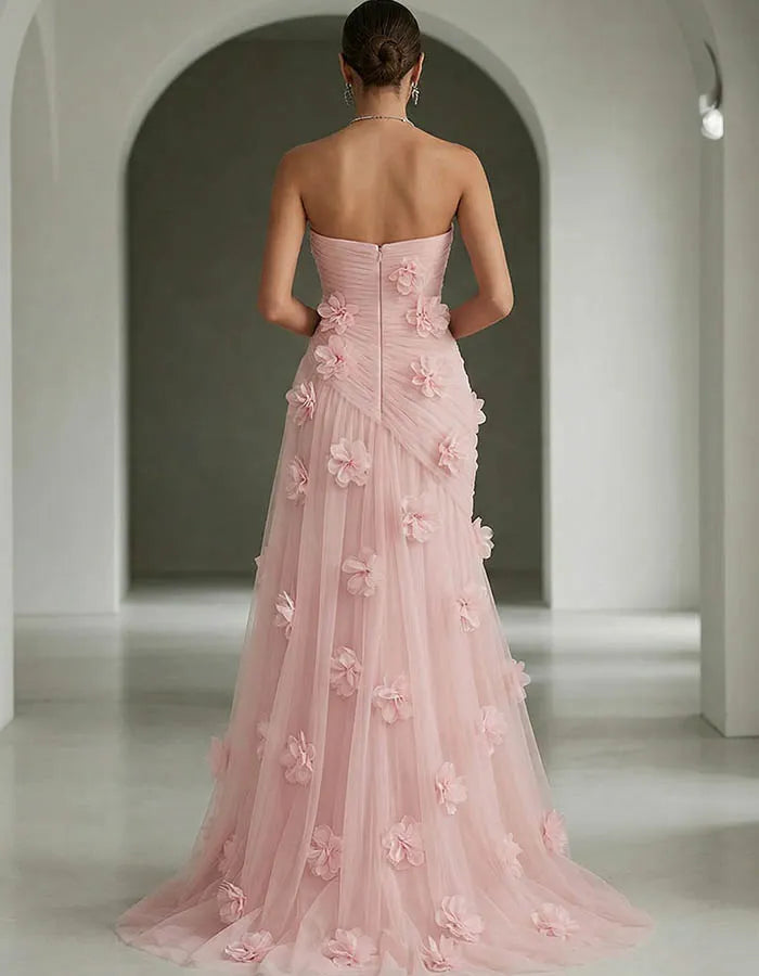 3D Floral Strapless Ruched Tulle A-Line Maxi Dress