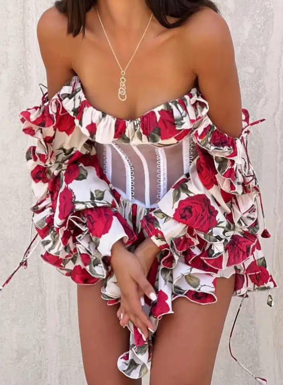Red Rose Print Off-the-Shoulder Ruffled Long Sleeve Sheer Corset Mini Dress
