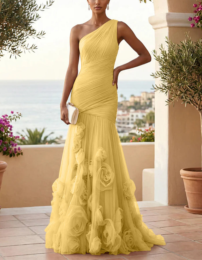 Solid Color One Shoulder 3D Floral Mesh Fishtail Maxi Dress