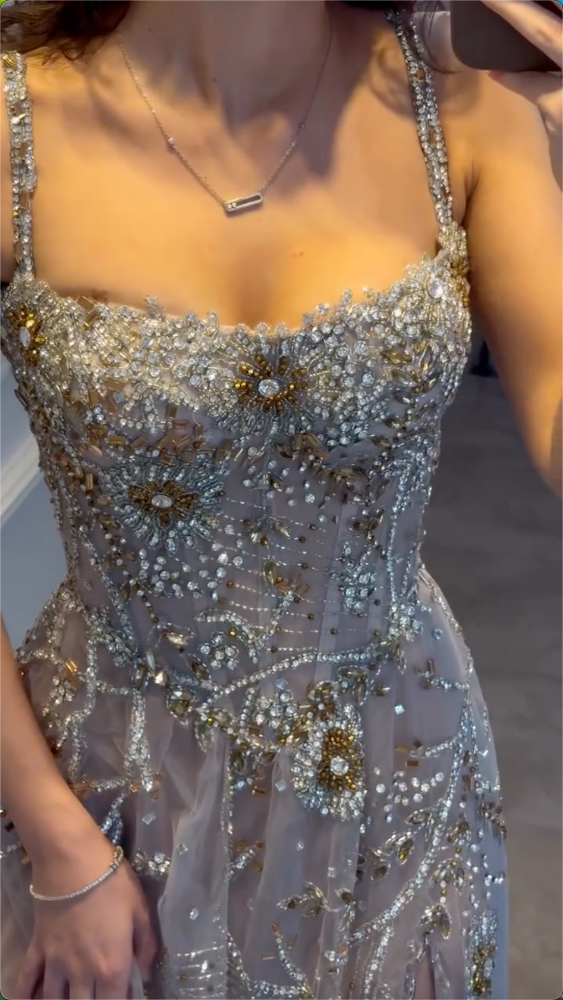 Multi-Color Floral Crystal Beaded Spaghetti Strap High Split Tulle Maxi Evening Dress, Formal Prom Pageant Gown