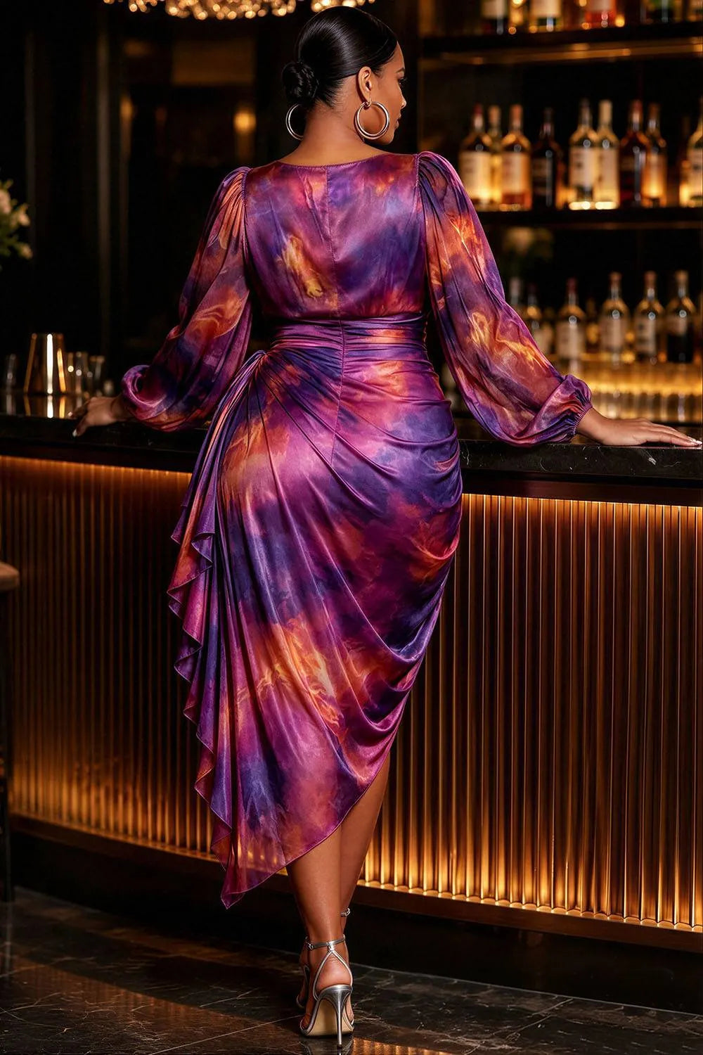 Cocktail Party Chiffon Purple All Over Print Cowl Neck Lantern Sleeve Long Sleeve Ruffle Fold Satin Midi Dresses [Pre-Order]