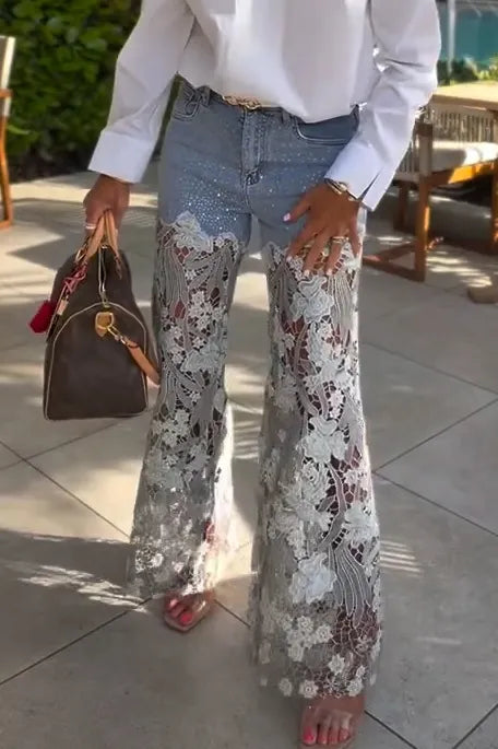 Women's Elegant Lace Panel Rhinestone Jeans