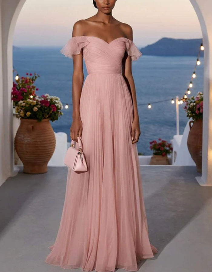 Flesh Pink Off-the-Shoulder Ruffle Tulle A-Line Maxi Dress