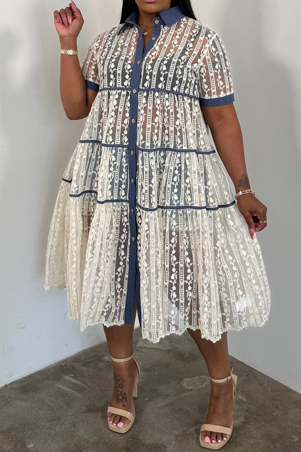 Plus Size Party Casual Lace White Shirt Collar Short Sleeve Contrast Button Tencel Denim Midi Dresses