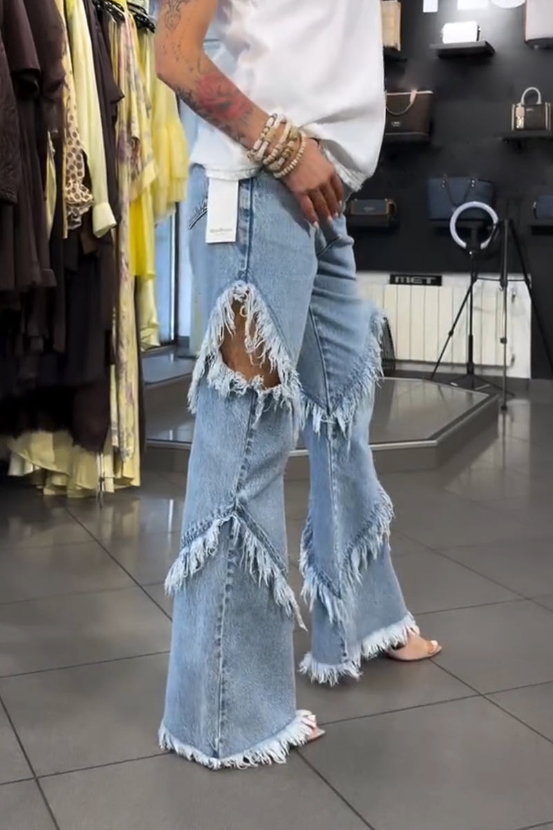 Women's Patchwork Frayed Washed Casual Jeans