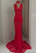 Red Halter Neck Sheer Corset Mermaid Evening Gown