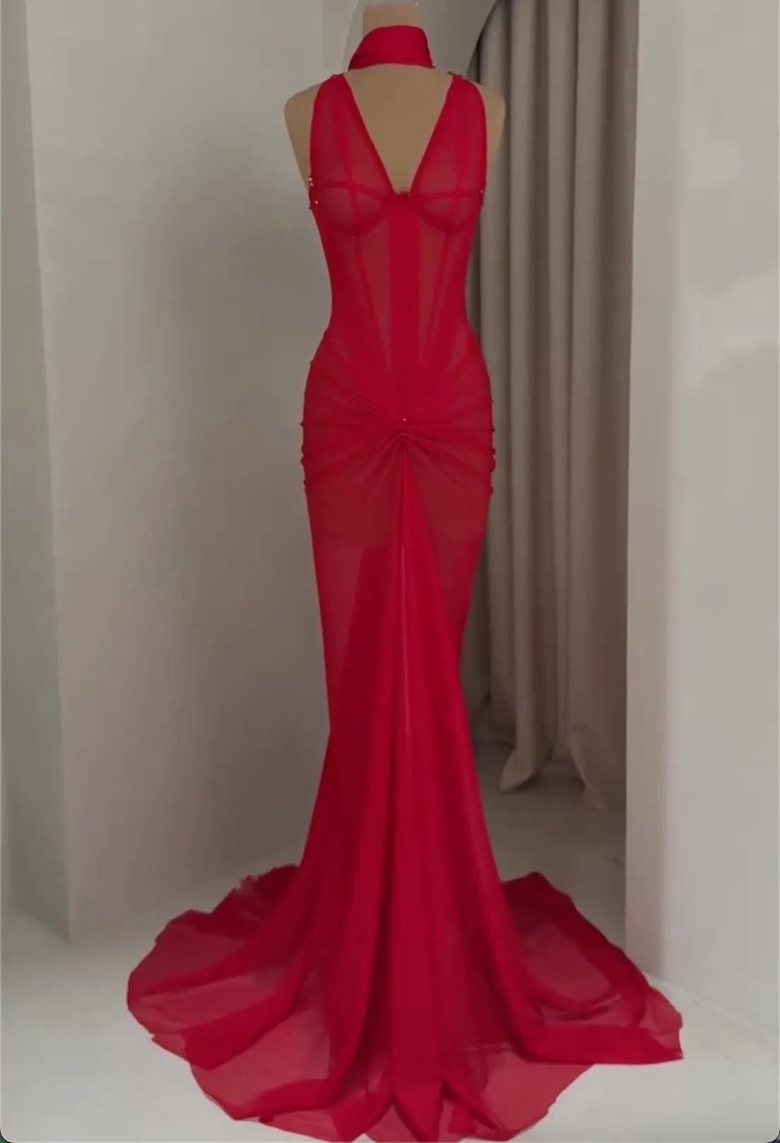 Red Halter Neck Sheer Corset Mermaid Evening Gown