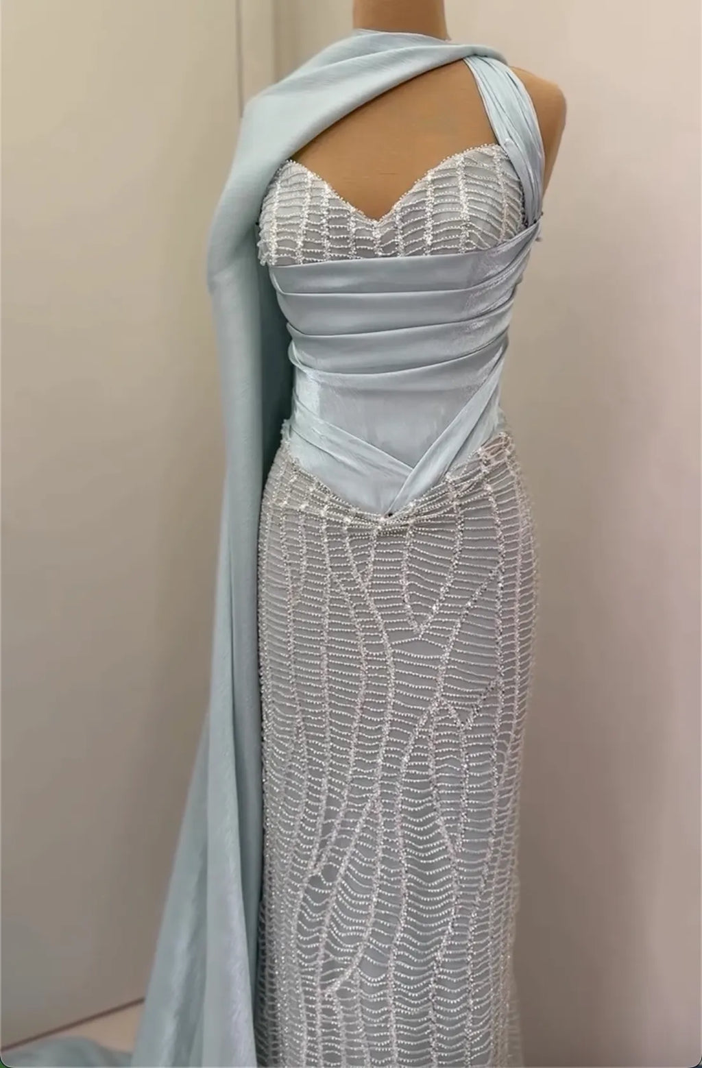 Light Blue One-Shoulder Ruched Beaded Mermaid Evening Gown