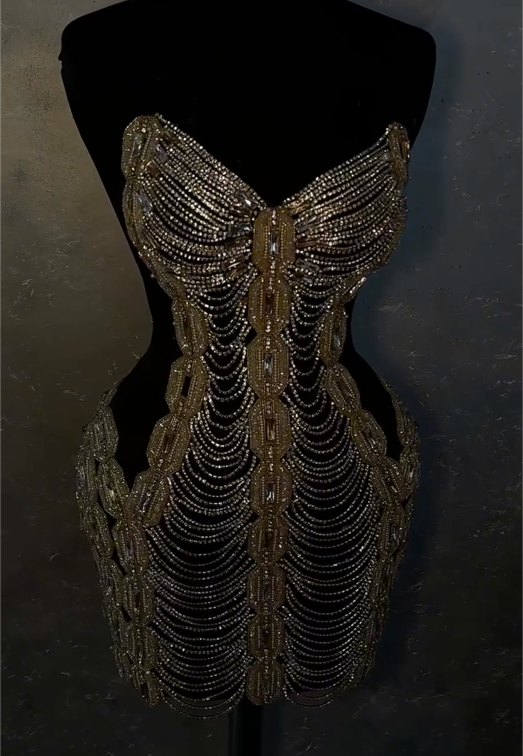 Gold Beaded Strapless Mini Dress with Cutout Detail & Crystal Embellishments
