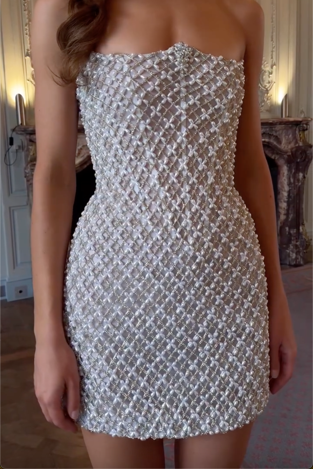 White Strapless Pearl Crochet Mini Dress