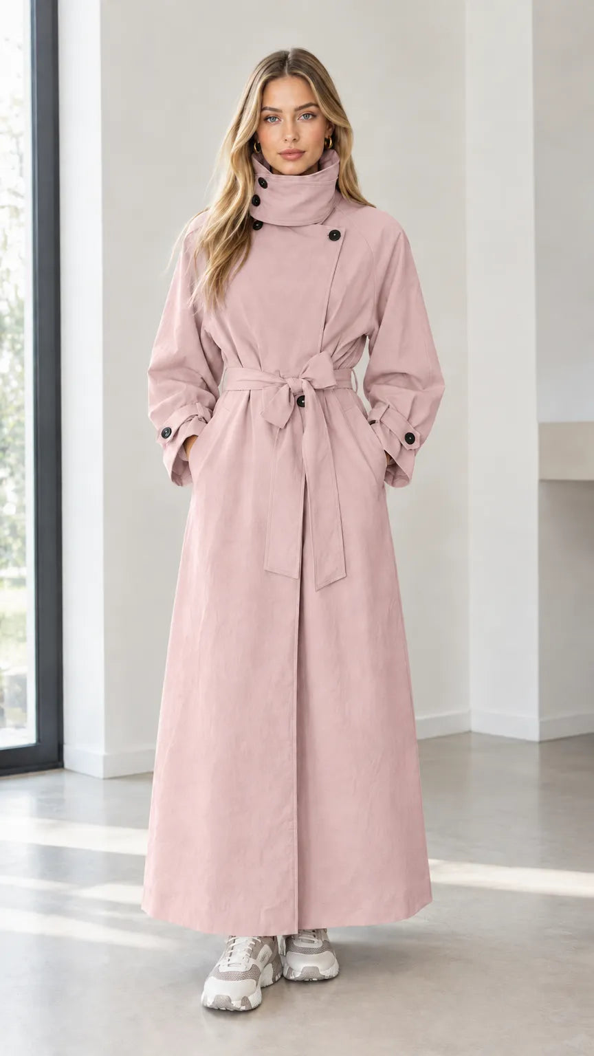 Women's High Neck Belted Maxi Trench Coat with Storm Flap