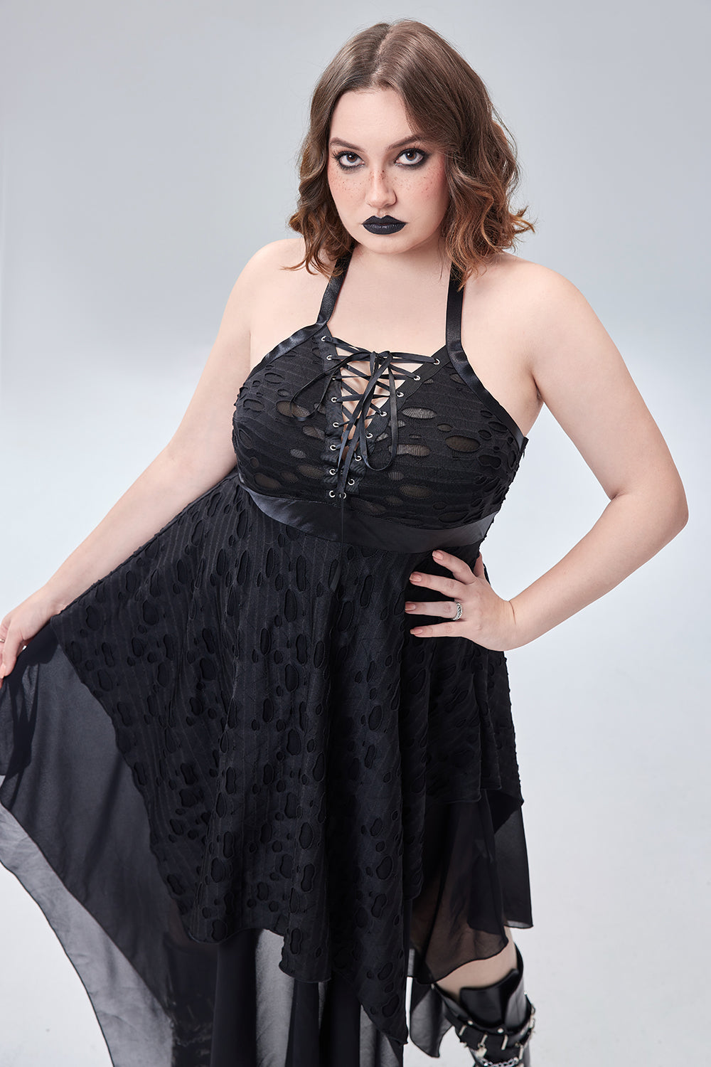 Halloween Costume Black Lace Up Sleeveless Irregular Hollow Knitted Midi Dress(Ships 24h)