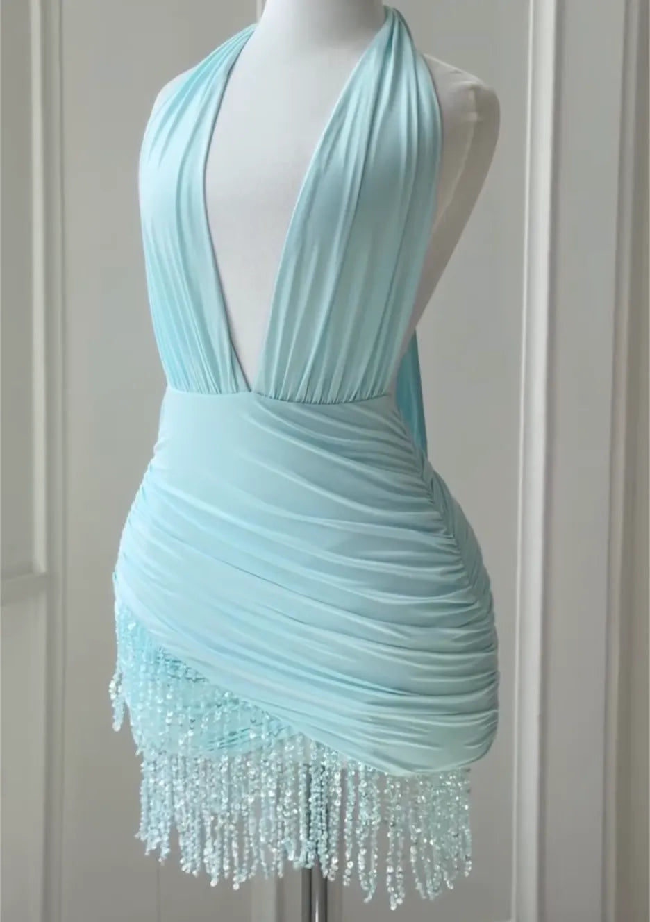 Halter Deep V Ruched Mini Bodycon Dress, Light Blue Crystal Bead Fringe Club Party Evening Gown