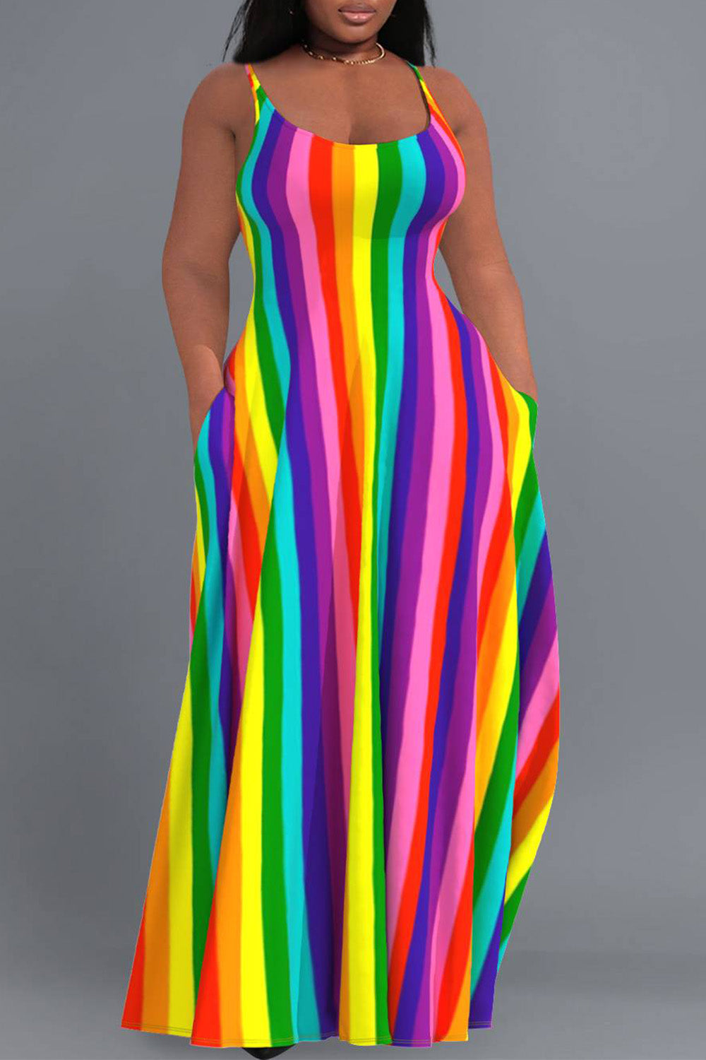 Daily Rainbow Sundress Striped Round Neck Pocket Maxi Dresses