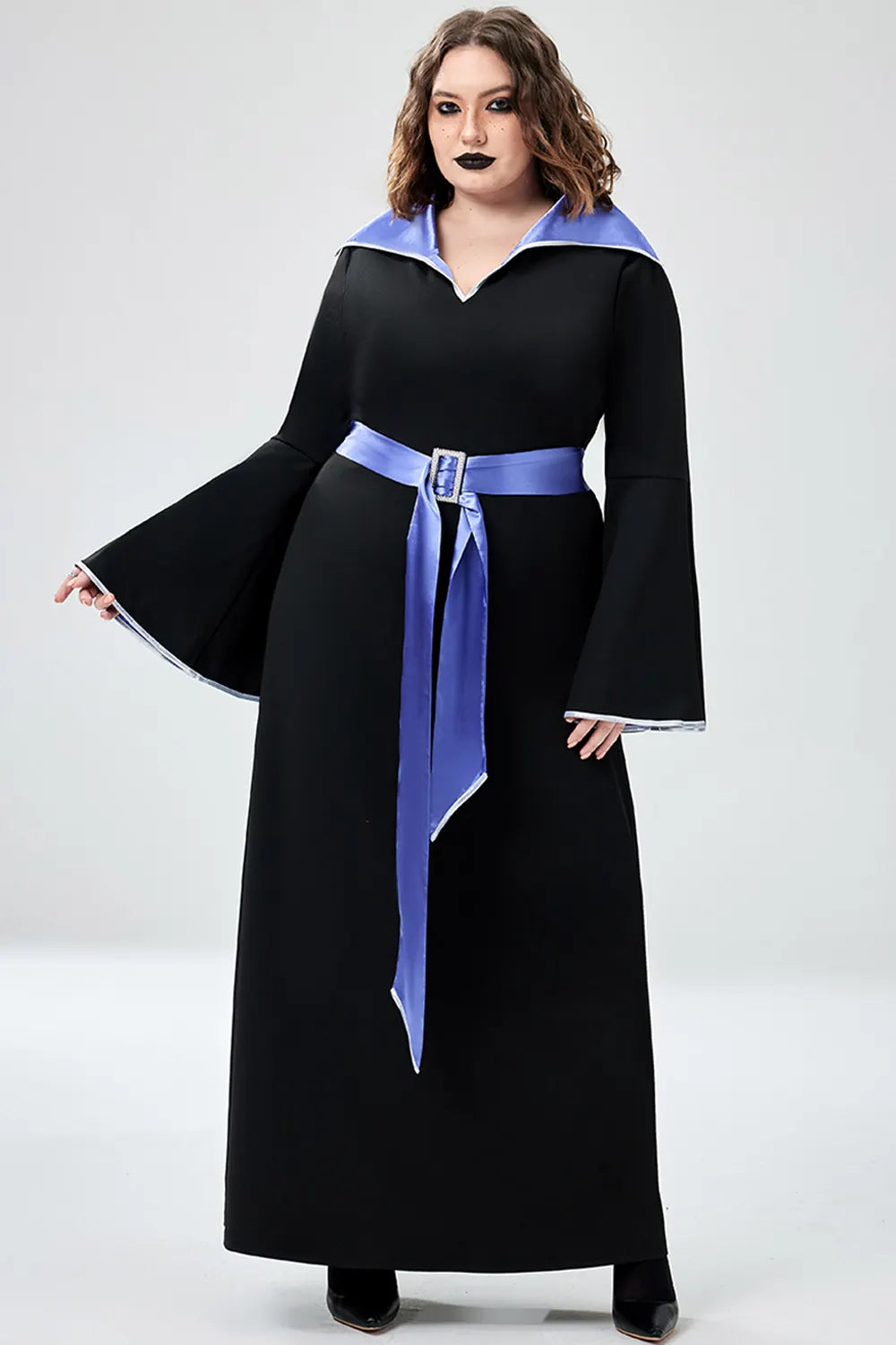 Halloween Costume Black Witches Cosplay Trumpet Sleeve Knitted Maxi Dress (Without Hat And Cane)(Ships 24h)