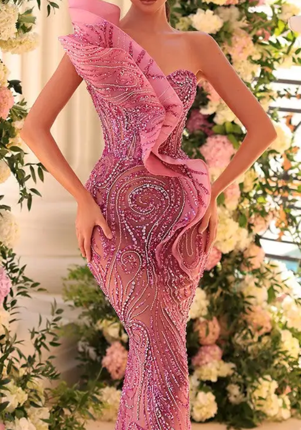 Pink One-Shoulder Sequin Embellished Maxi Dress