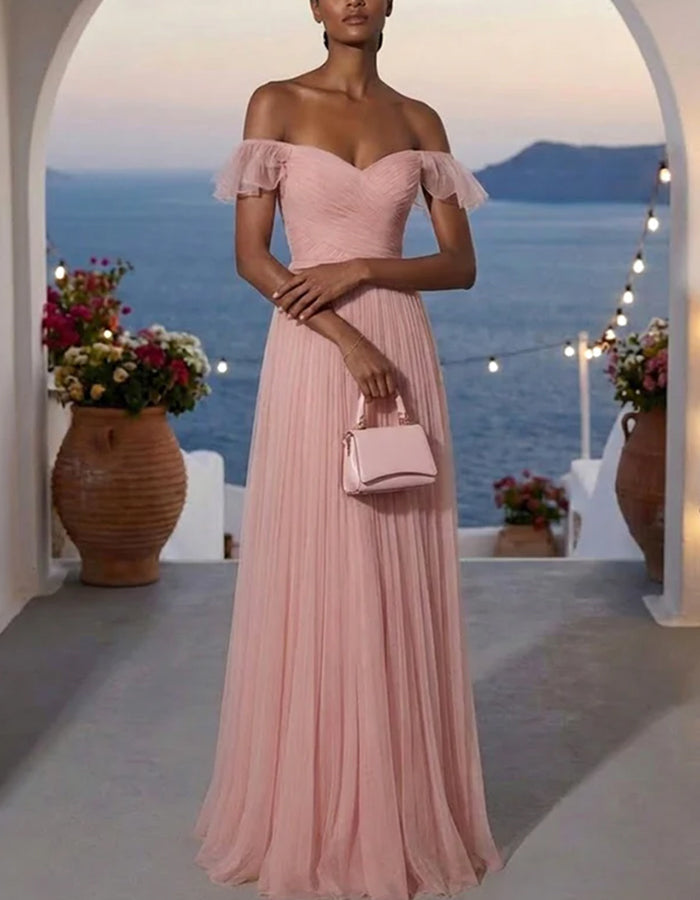 Flesh Pink Off-the-Shoulder Ruffle Tulle A-Line Maxi Dress
