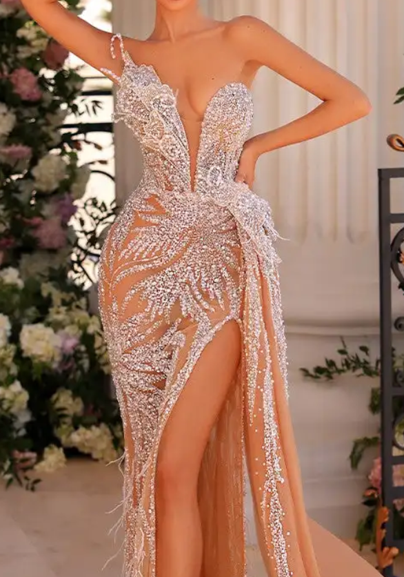 Nude One-Shoulder Crystal Embellished Maxi Dress