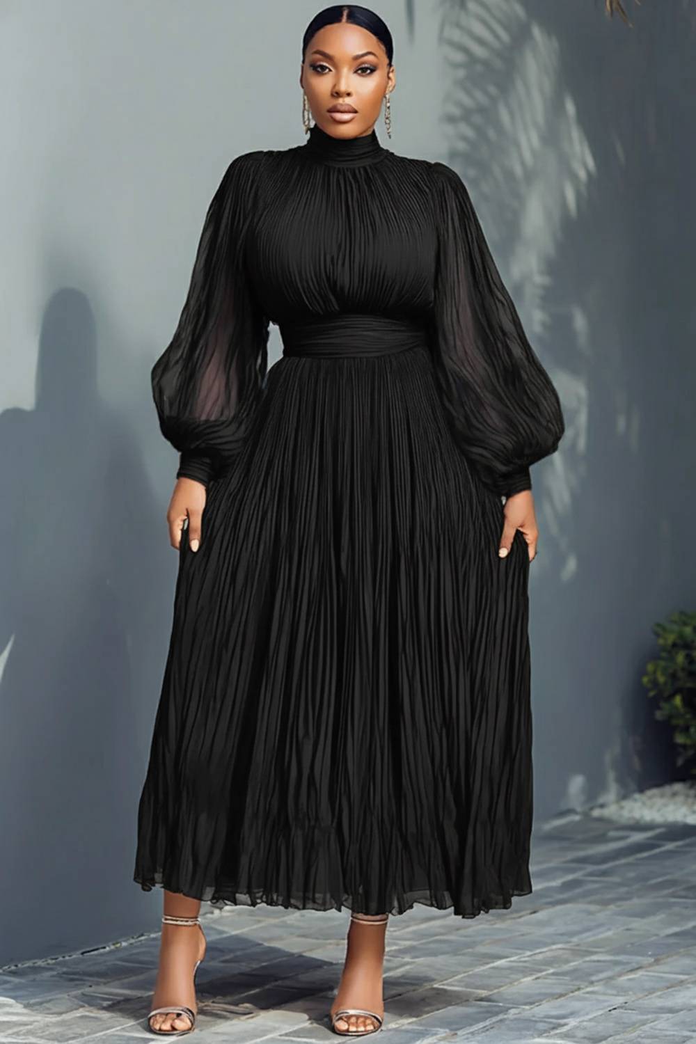 Churchs Navy Blue Mock Neck Lantern Sleeve Long Sleeve See Through Elegant Ruffled Midi Dresses