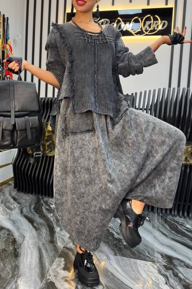 Frayed Knit Top & Drop‑Crotch Harem Pants Outfit