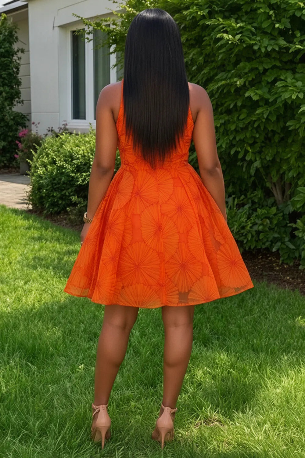 Round Neck Sleeveless Printed A-Line Vacation Mini Dresses-Orange [Pre Order]