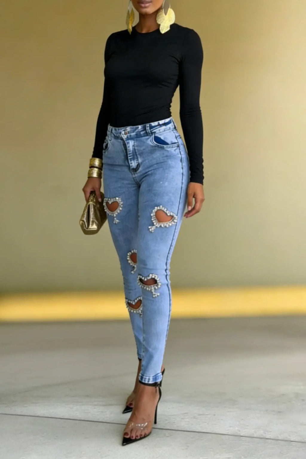 Women's Revival Style Rhinestone Heart-Shaped Cutout Jeans