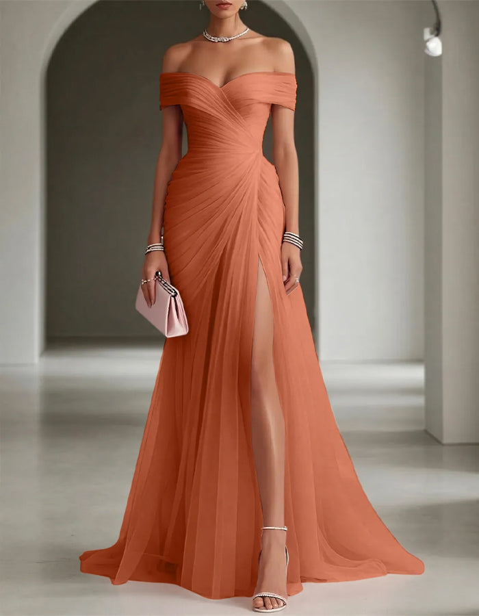 Solid Color Off Shoulder Mesh Ruching And Slit  Maxi Dress