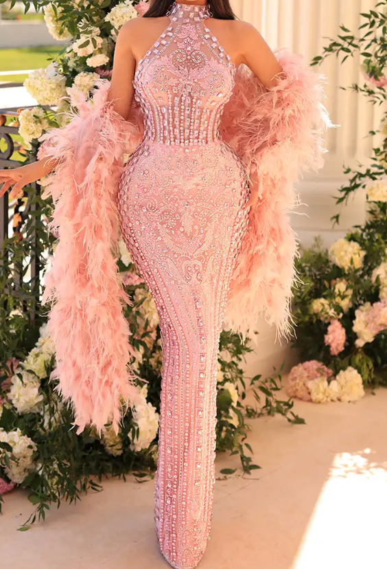 Pink Halter Crystal Embellished Maxi Dress