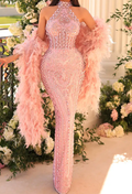 Pink Halter Crystal Embellished Maxi Dress