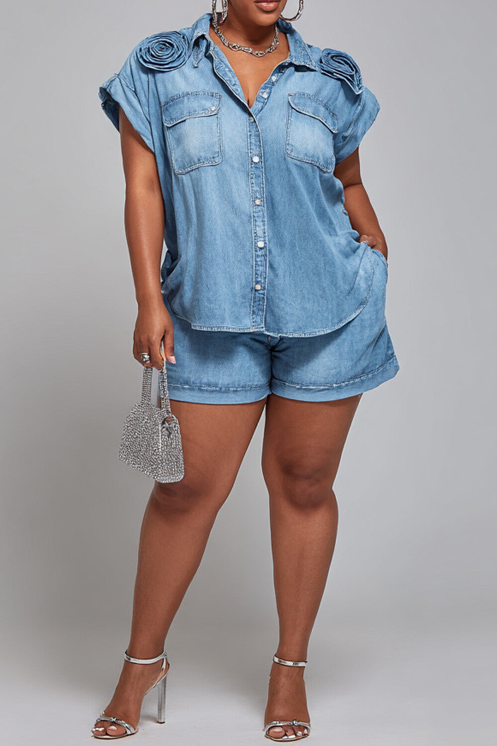 Xpluswear Design Plus Size Party Casual Blue Shirt Collar Short Sleeve 3D Pocket Denim Two Piece Short Sets
