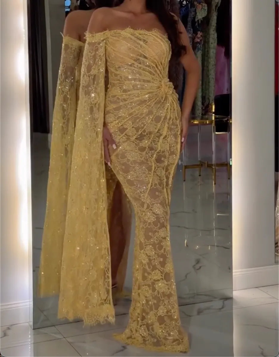Off Shoulder Cape Sleeve Ruched Sequin Lace Sheer Mermaid Evening Gown, Pale Yellow Side Slit Formal Maxi Dress