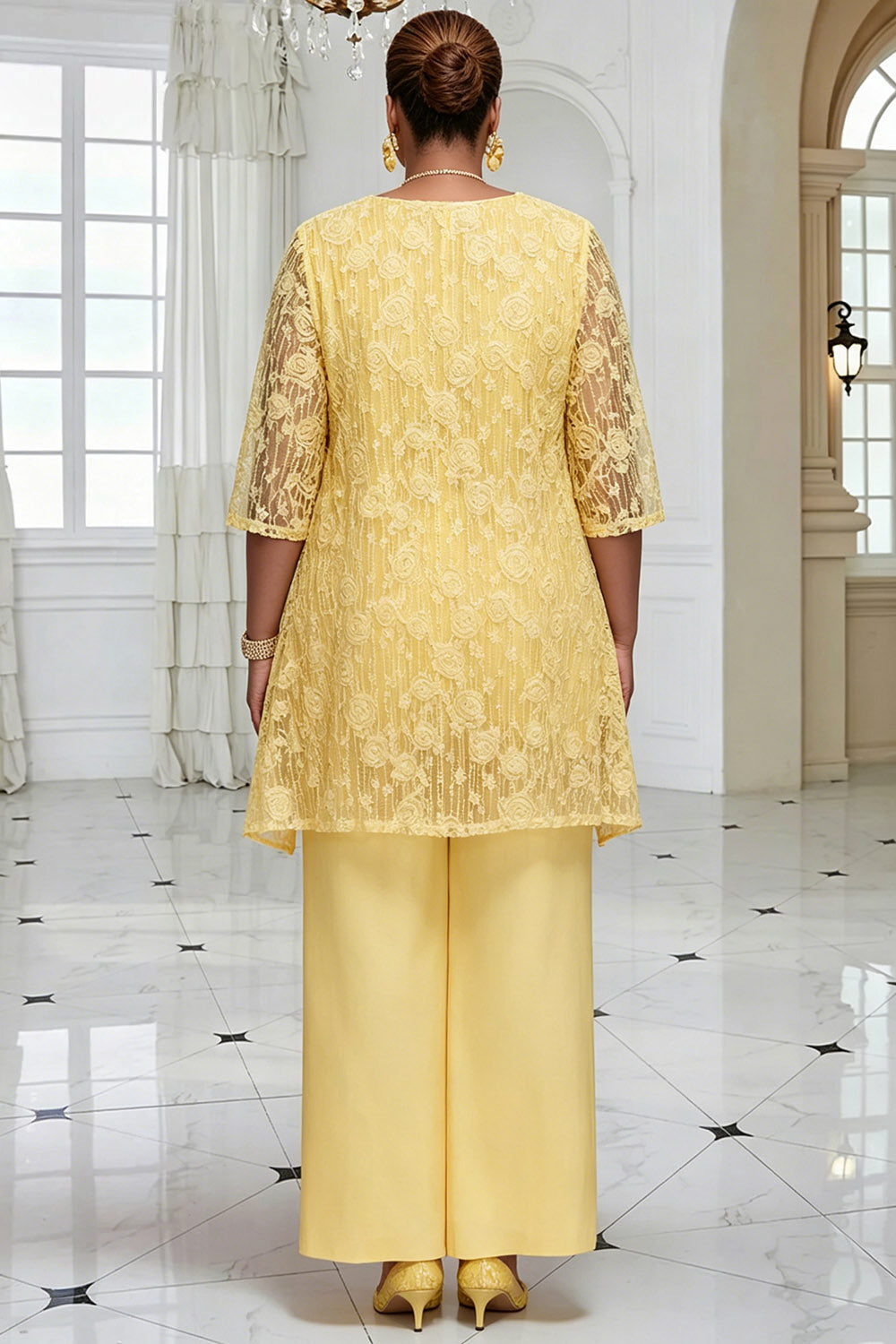Mother Of The Bride Yellow Round Neck 3/4 Sleeve 3D Pocket Chiffon Two Piece Pant Sets
