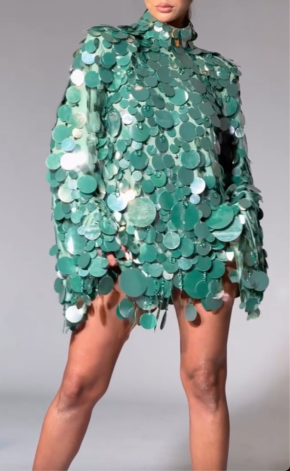 Green Large Sequin High Neck Long Sleeve Mini Dress