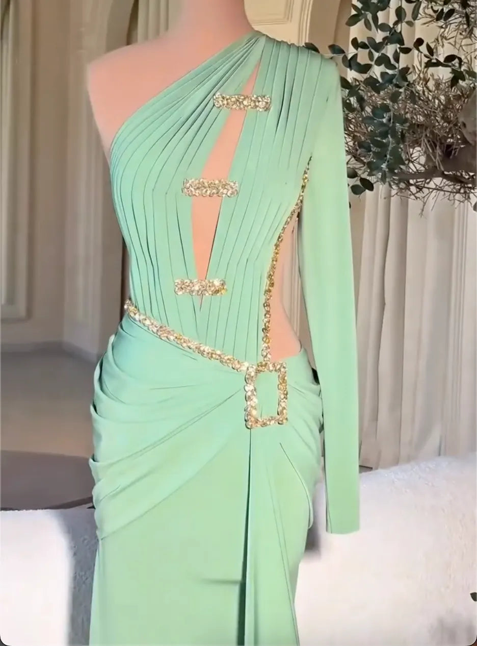 One Shoulder Long Sleeve Pleated Cutout Mermaid Evening Gown, Sage Gold Rhinestone Waist Ruched Train Formal Dress
