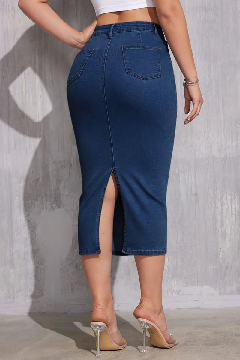 Ladies High-Waist Slimming Mid-Length Denim Skirt