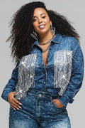 Xpluswear Design Plus Size Festival Blue Shirt Collar Long Sleeve Strappy Casual Drilling Denim Jacket