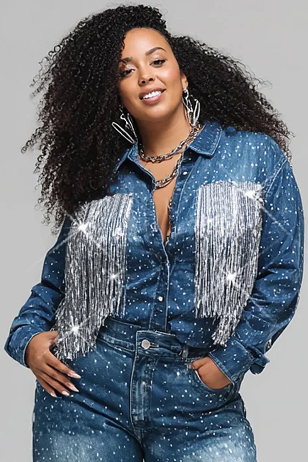 Xpluswear Design Plus Size Festival Blue Shirt Collar Long Sleeve Strappy Casual Drilling Denim Jacket