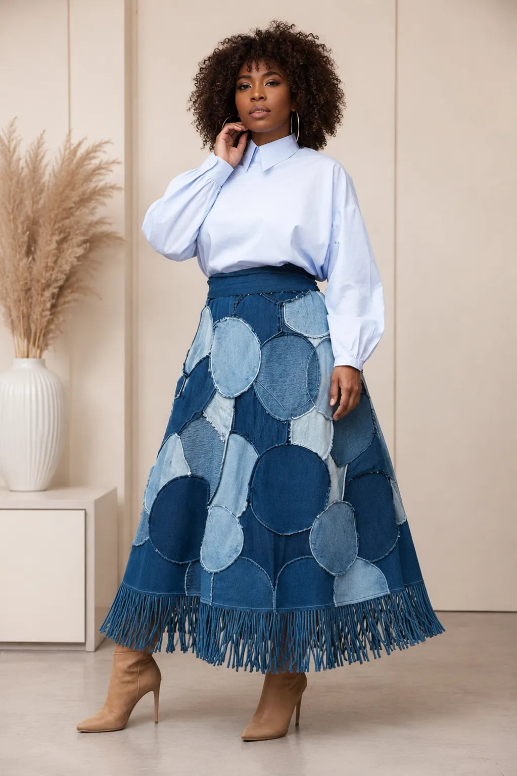 Xpluswear Design Plus Size Business Casual Blue Strappy Contrast Denim Skirts