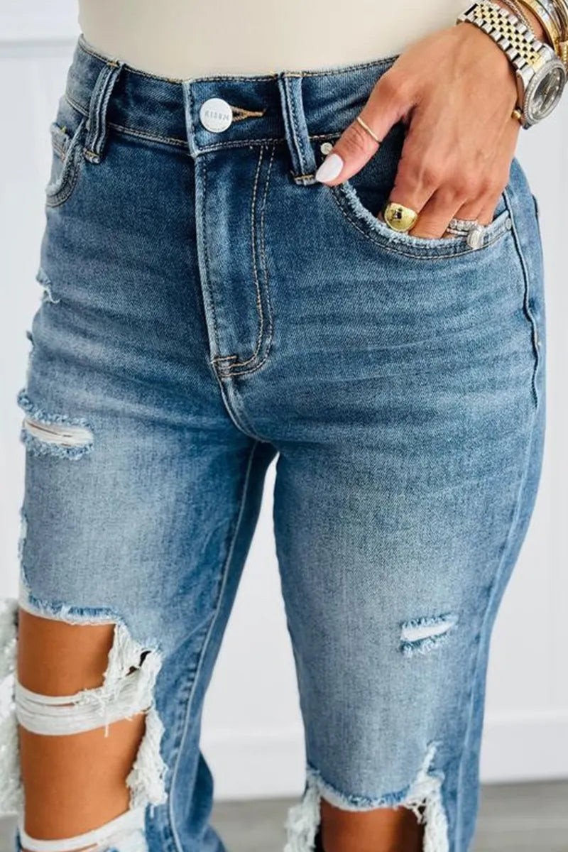 Women's Distressed Knee Rips High Waist Skinny Jeans