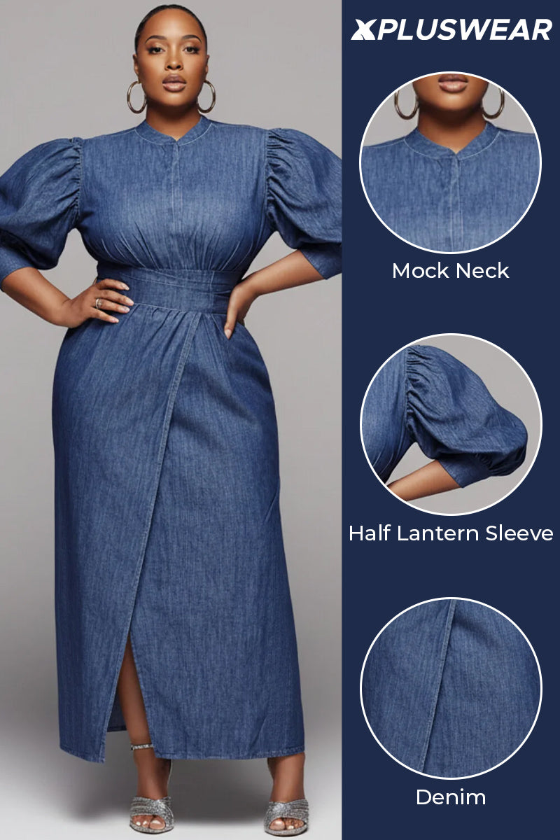 Xpluswear Design Plus Size Business Casual Blue Mock Neck Half Sleeve Split Elegant Denim Maxi Dresses