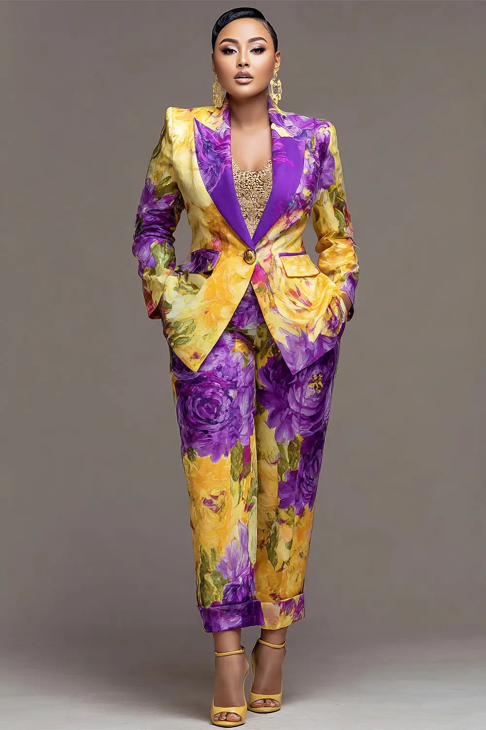 Purple Floral Lapel Collar Long Sleeve Pocket Two Piece Pant Suits