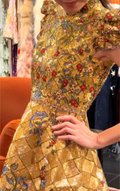 Gold Quilted Floral Embroidered Mini Dress with Mandarin Collar & Puff Sleeves