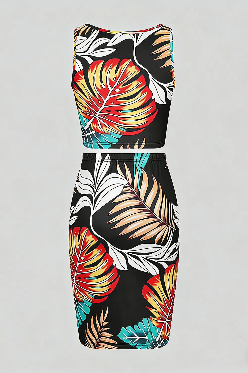 Leaf Print U Neck Crop Tank Top Skinny Mini Skirt Casual 2pcs Set-Multicolor